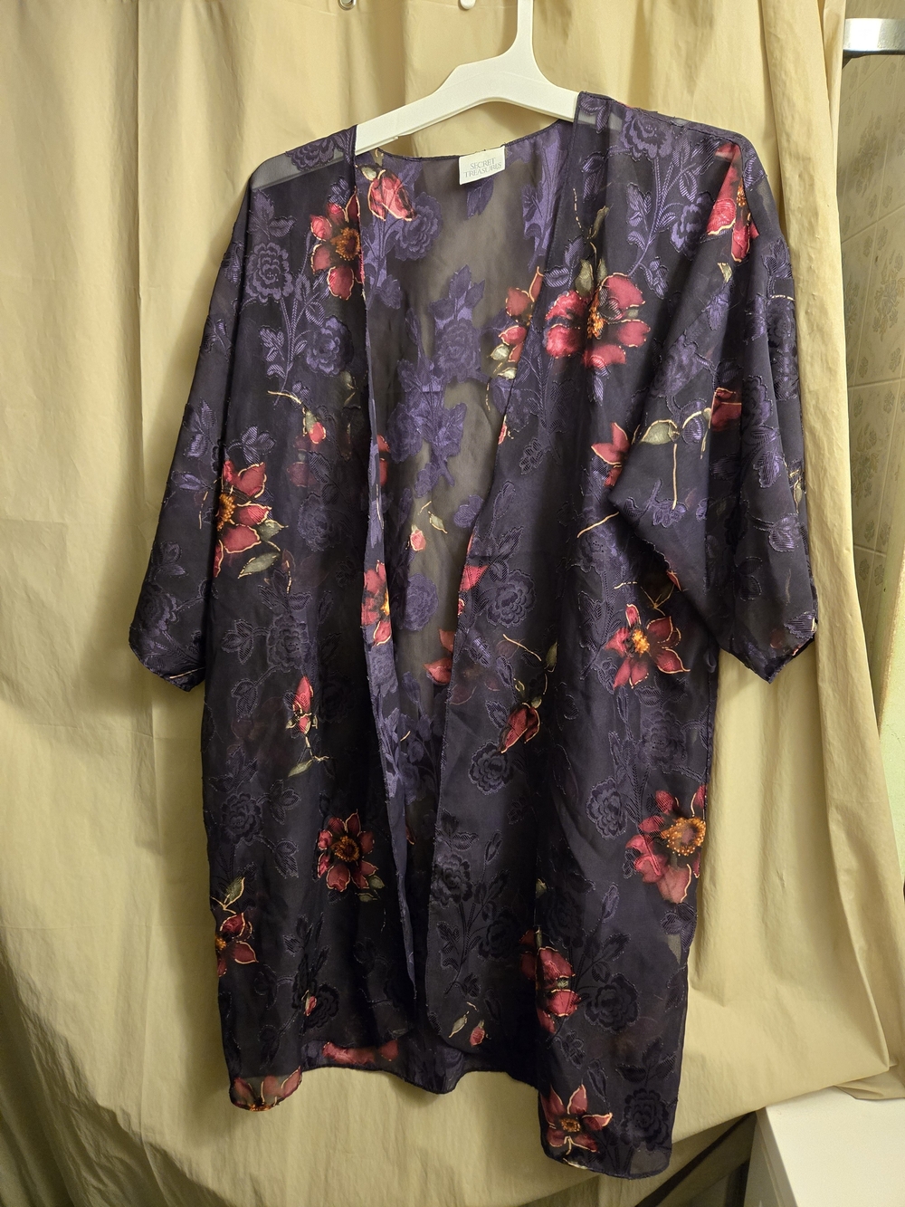 Floral Satin Kimono Robe - Purple with Red Floral
